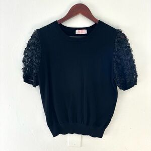 Black Puff Sleeve Knit Top with Floral Appliqué by C+D+M